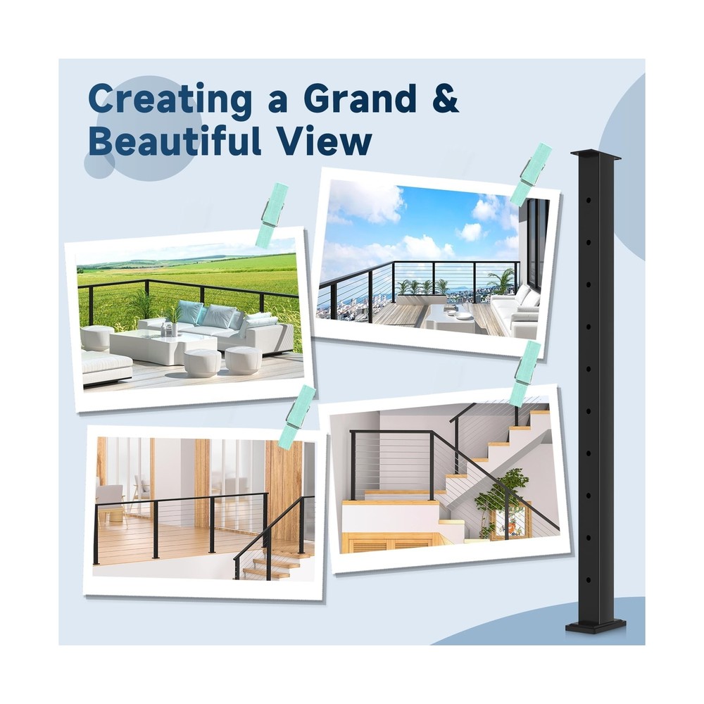 36" One-Stop Cable Railing Post Kit, 4 Pack Fixed Top Level Drilled Line Post...