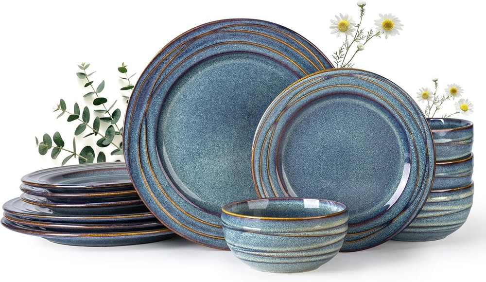 Ceramic Dinnerware Sets,12 pcs Embossed Elegant Stoneware Plates & Bowls Sets