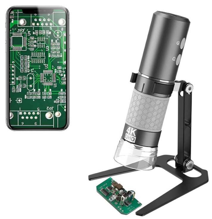 WiFi USB Microscope 50–1000x 4K, 8 LEDs, Stand, for iOS Android Mac Win Linux