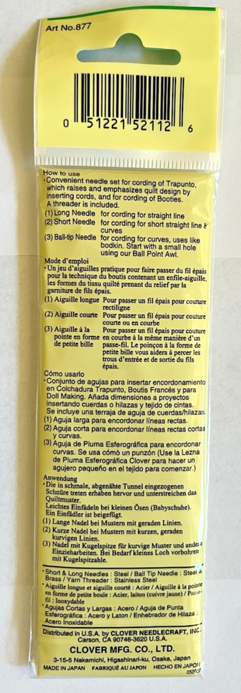 Clover Cording Needle Set Trapunto w/ threaded Bodkin threader