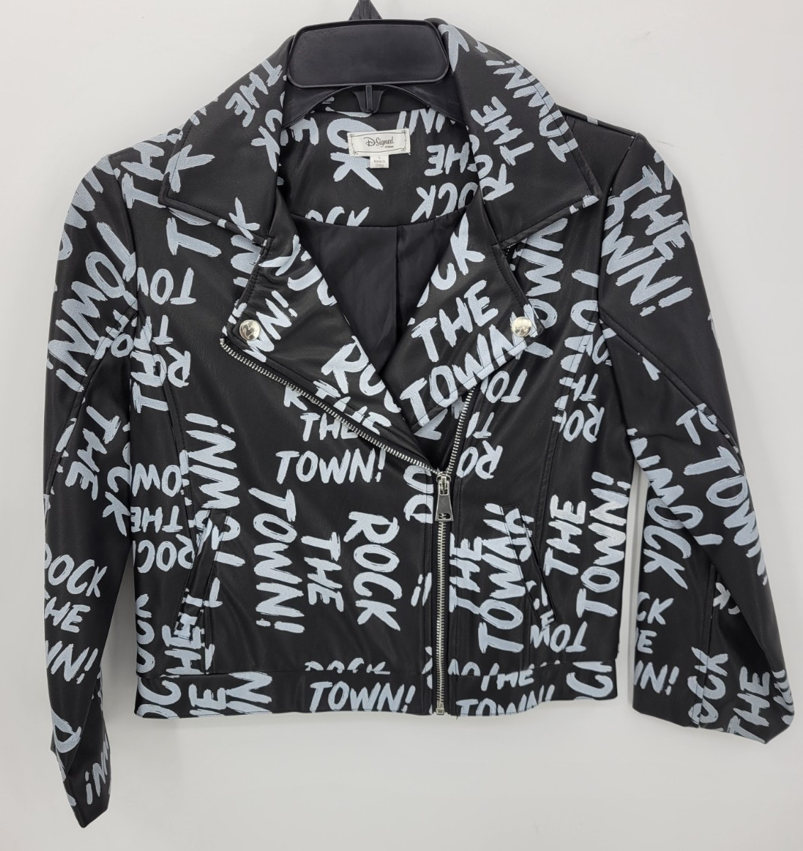 D-Signed Descendants Disney Jacket Girls Large Black Grafitti Moto Zip Outerwear