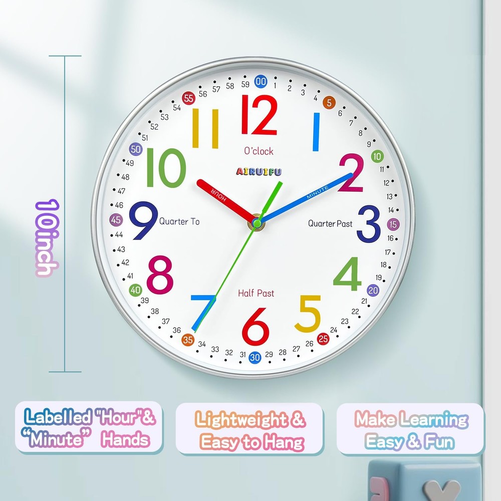 Kids Learning Clock Silent Analog Wall Clock Teaching Time Classroom