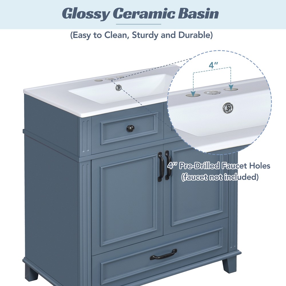 30'' Bathroom Vanity with Ceramic Sink,Solid Wood Frame Bathroom Storage Cabinet