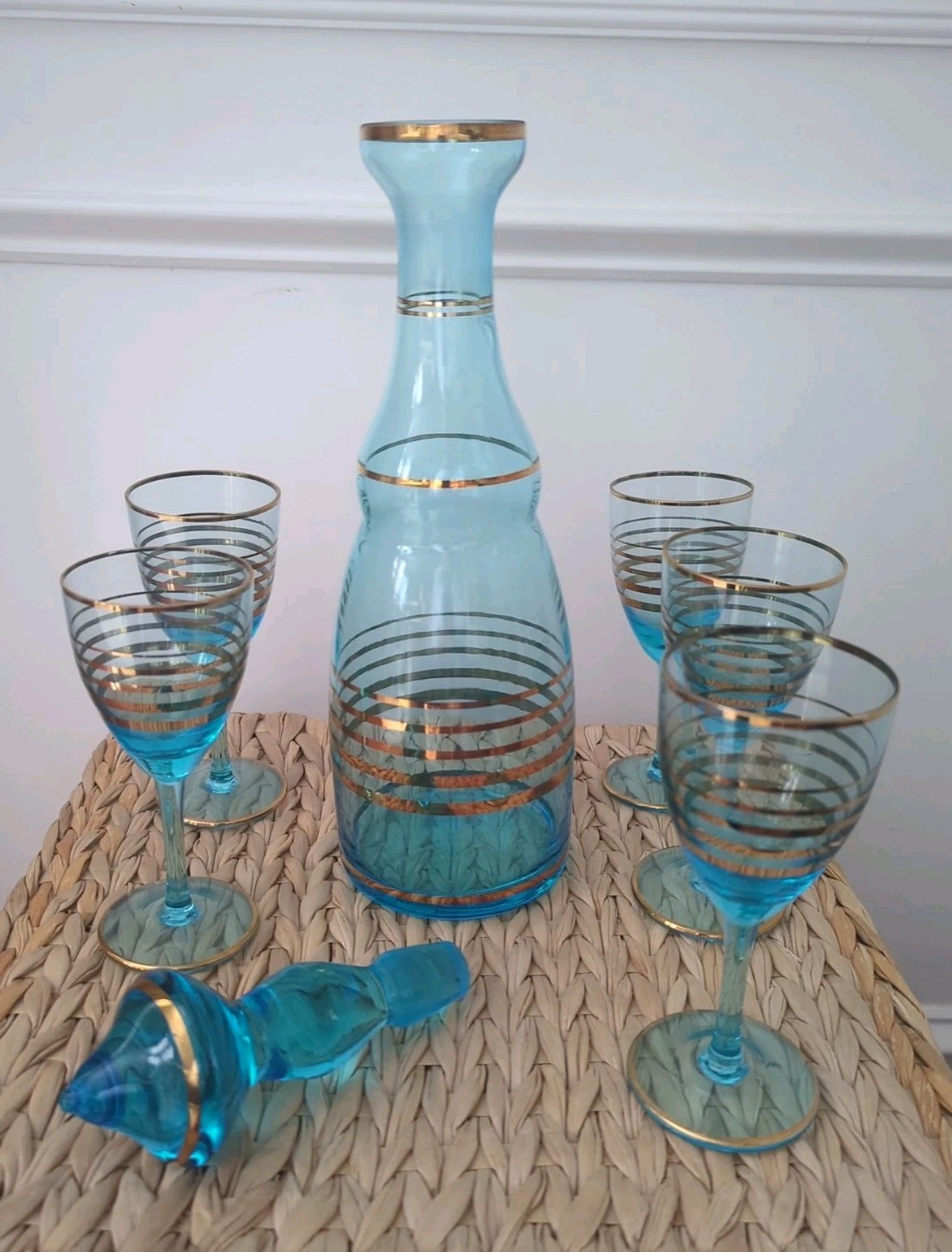 MCM Vintage Teal Blue & Gold Romanian Glass Decanter 4 Cordial Glasses 7 pc Set