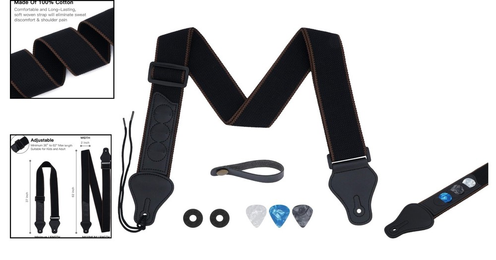 Comfortable Cotton Guitar Strap with Leather Ends & Strap Locks - Universal Fit