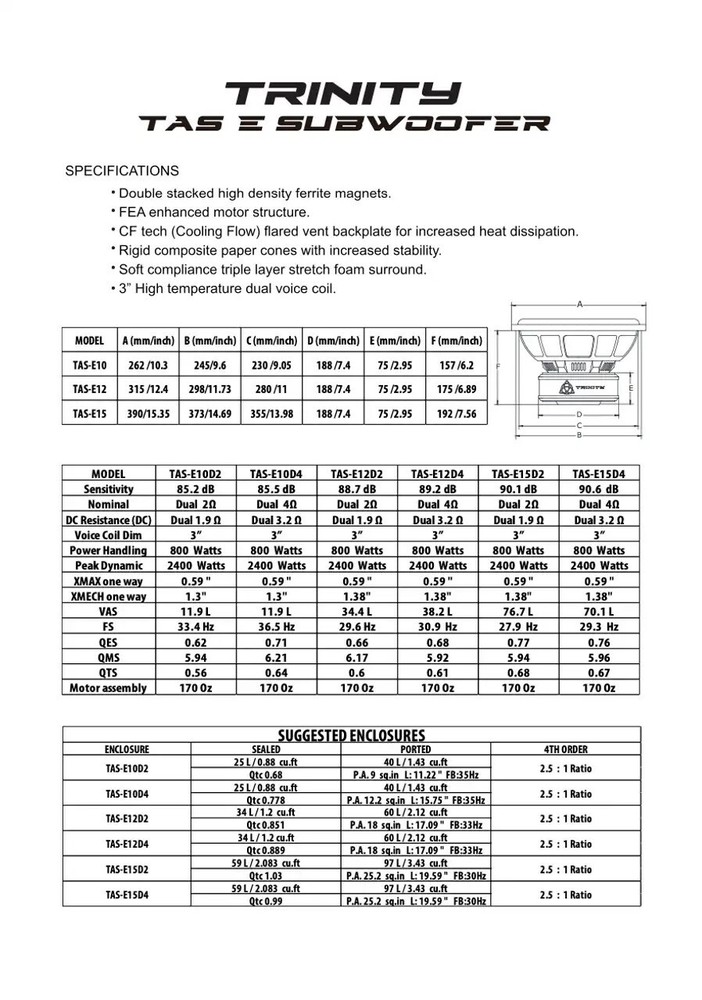 Trinity Audio Solutions E Series 12" Subwoofer 800w RMS D4