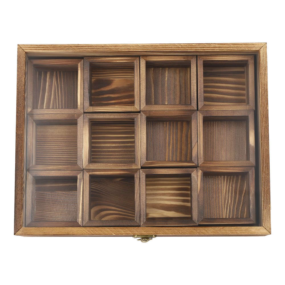 12-Compartment Wooden Spice Box with Spoon - Elegant Kitchen Storage Solution