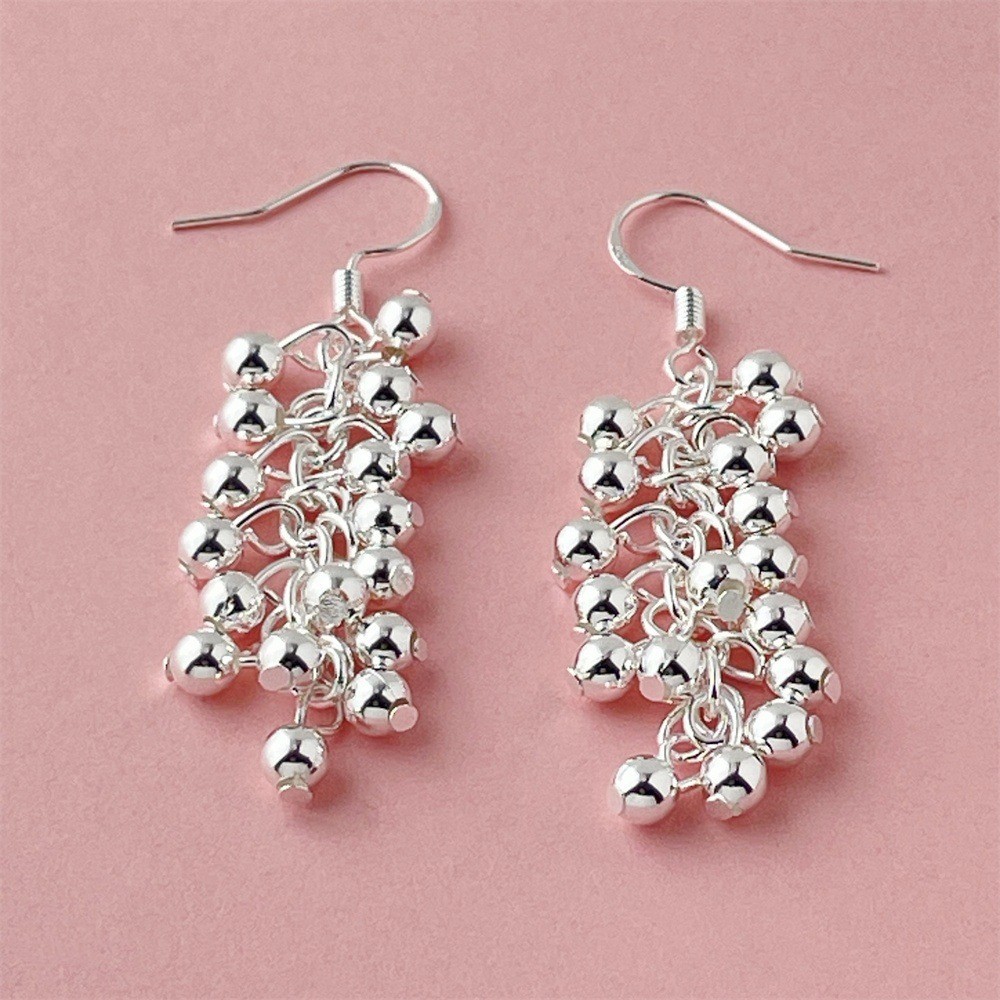 Sparkling Small Round Beads Clusters Grape Clusters Silver Plated Dangle Earring