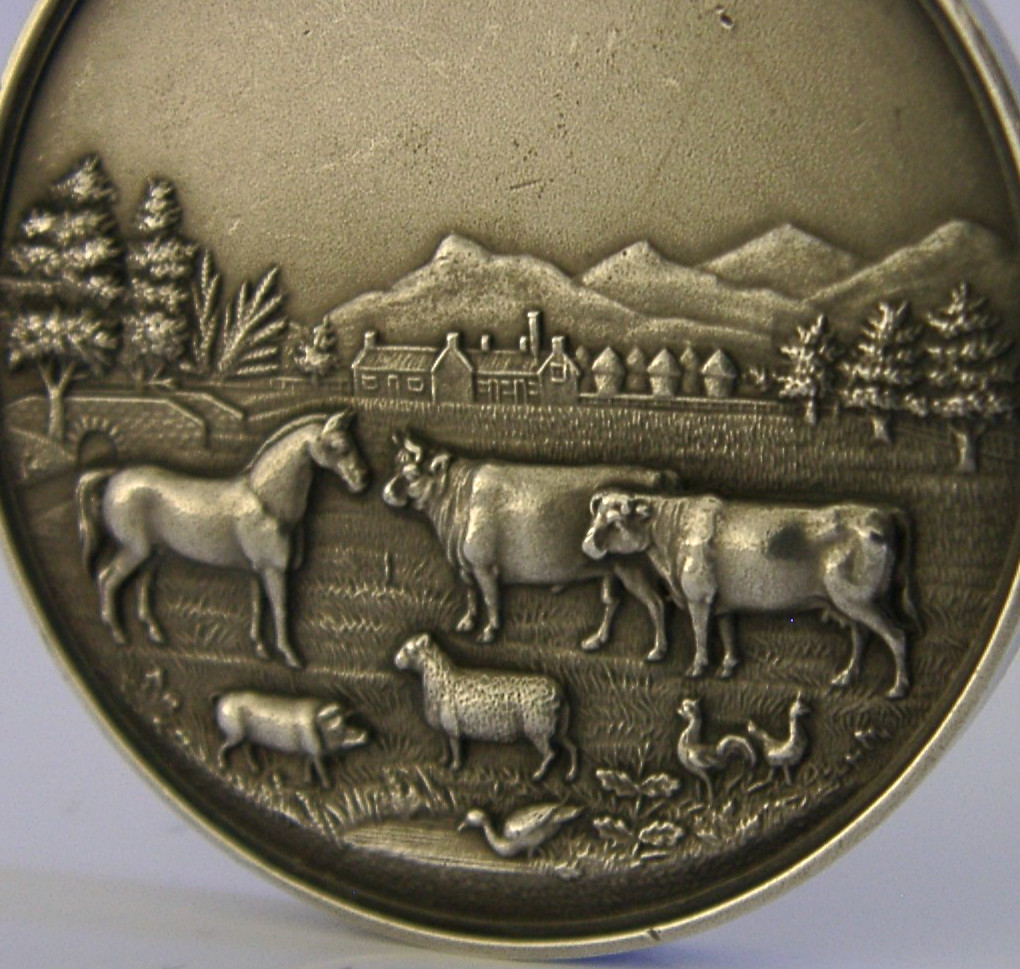 LARGE 50g ENGLISH SOLID STERLING SILVER FARMING MEDAL 1902 LIVESTOCK HORSE COWS