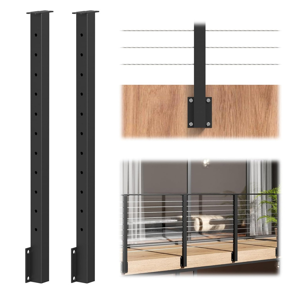 36" Black Coated Stainless Steel Side Mount Cable Railing Posts - 2 Pack