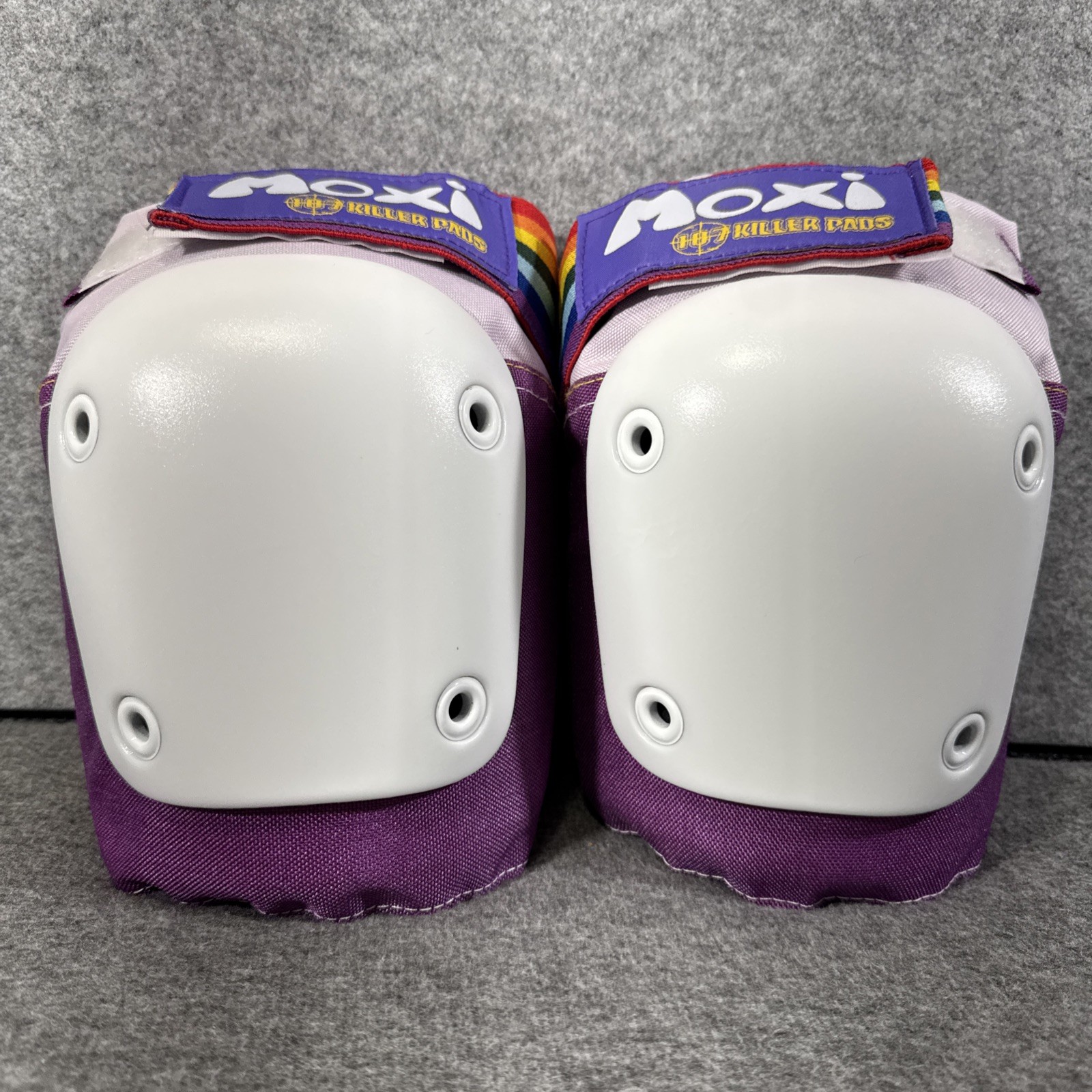 187 Moxi Killer Pads Pink White Rainbow Strap Adult Knee Pads Safety Size S/M