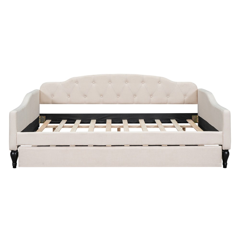 Full Size Daybed with Pull Out Trundle Bed Upholstered Bed Frame Sofa Bed Beige