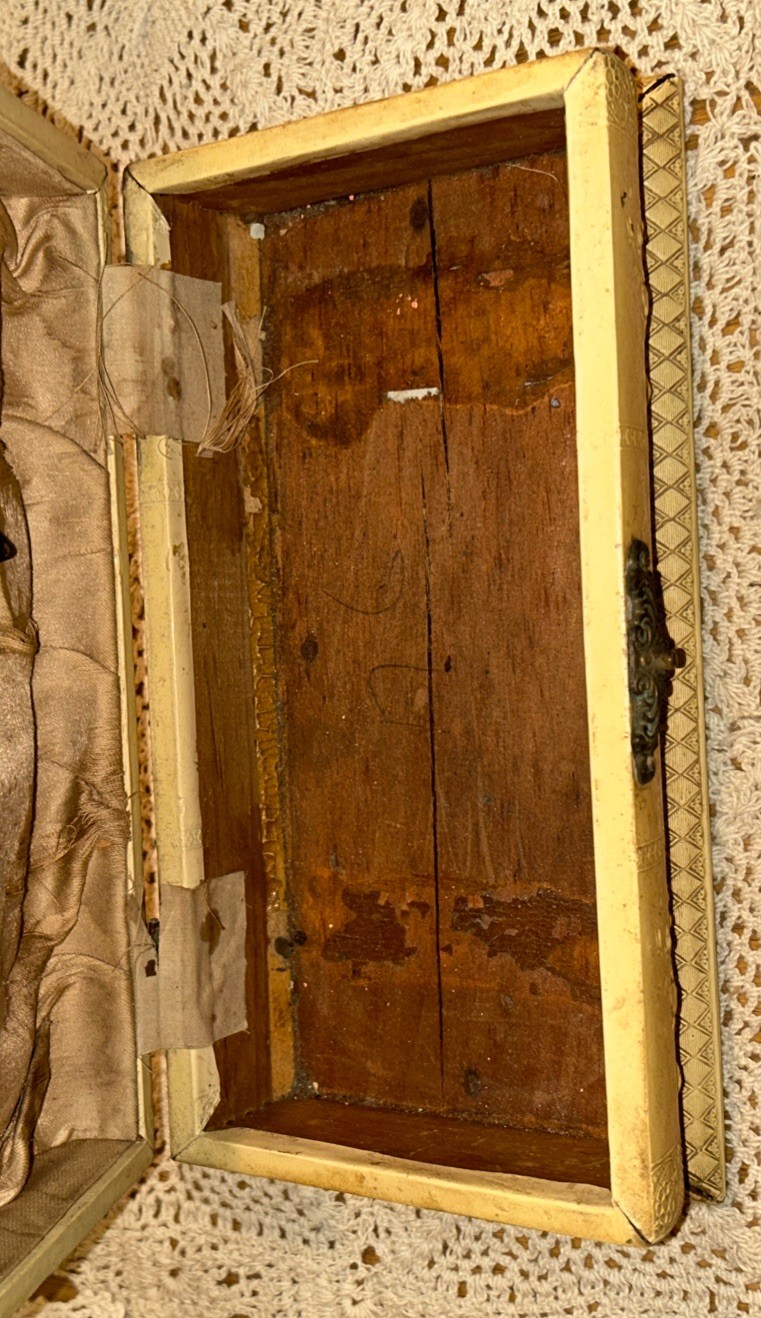 Antique Jewelry Box Engraved Angel Celluloid Wrapped Wood 9x 3.75 Oval Quite Old