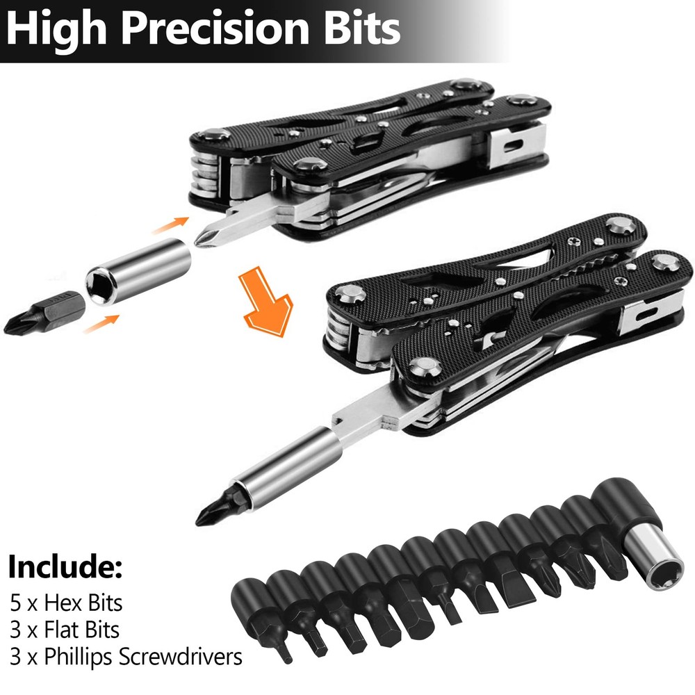 Multitool Pliers Set Stainless Steel with 11 Screwdriver Bits Black