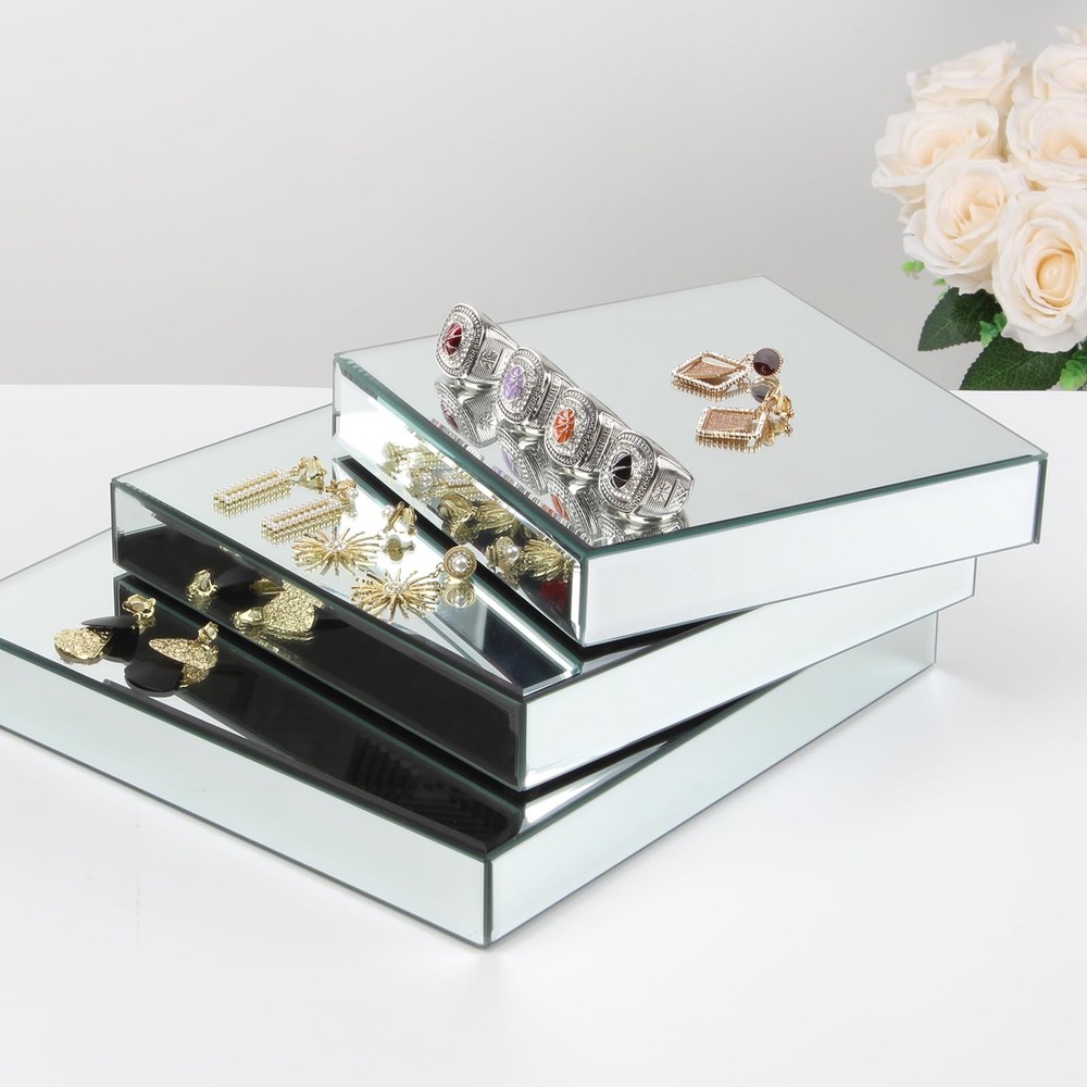 Square Mirror Reflection Display Platform Riser Stand, Silver Mirror Purses S...