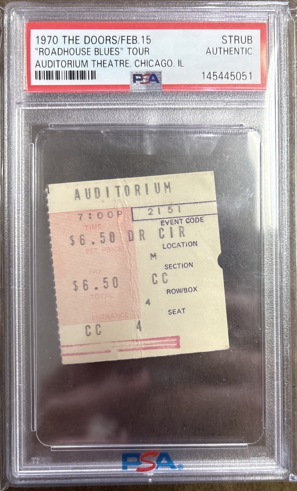 Feb 15, 1970 The Doors Roadhouse Blues Tour Chicago, IL Authentic Stub PSA Grade