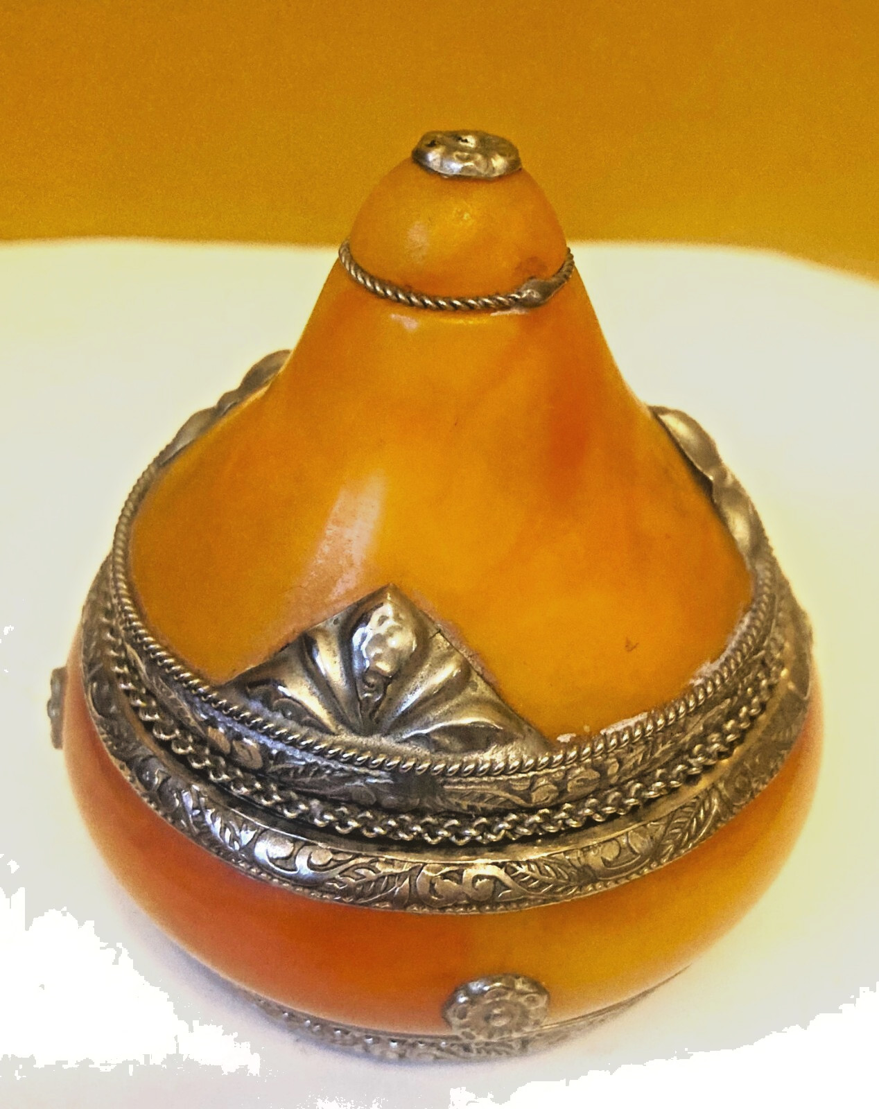 Vtg Handmade Moroccan Yellow Berber Amber Resin & Silver Trinket Jar/  Bangle 3"