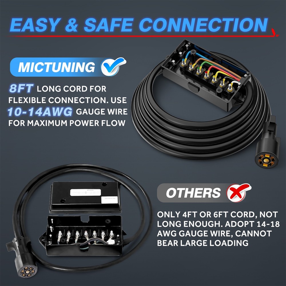 MICTUNING 8ft 16ft Trailer Cord 7 Way Plug Inline Junction Box Wiring Harness US