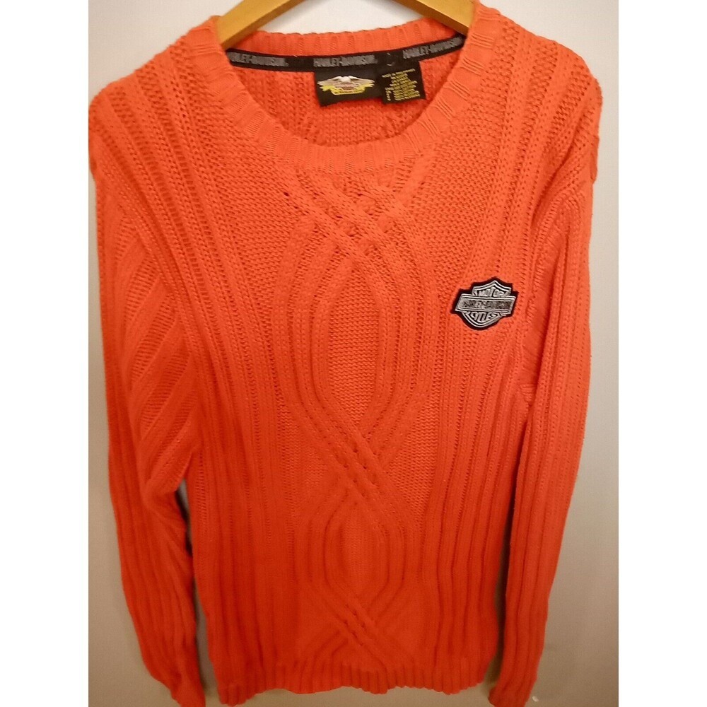 Harley Davidson Pull Over Sweater Mens Heavy Cable Knit Orange Small