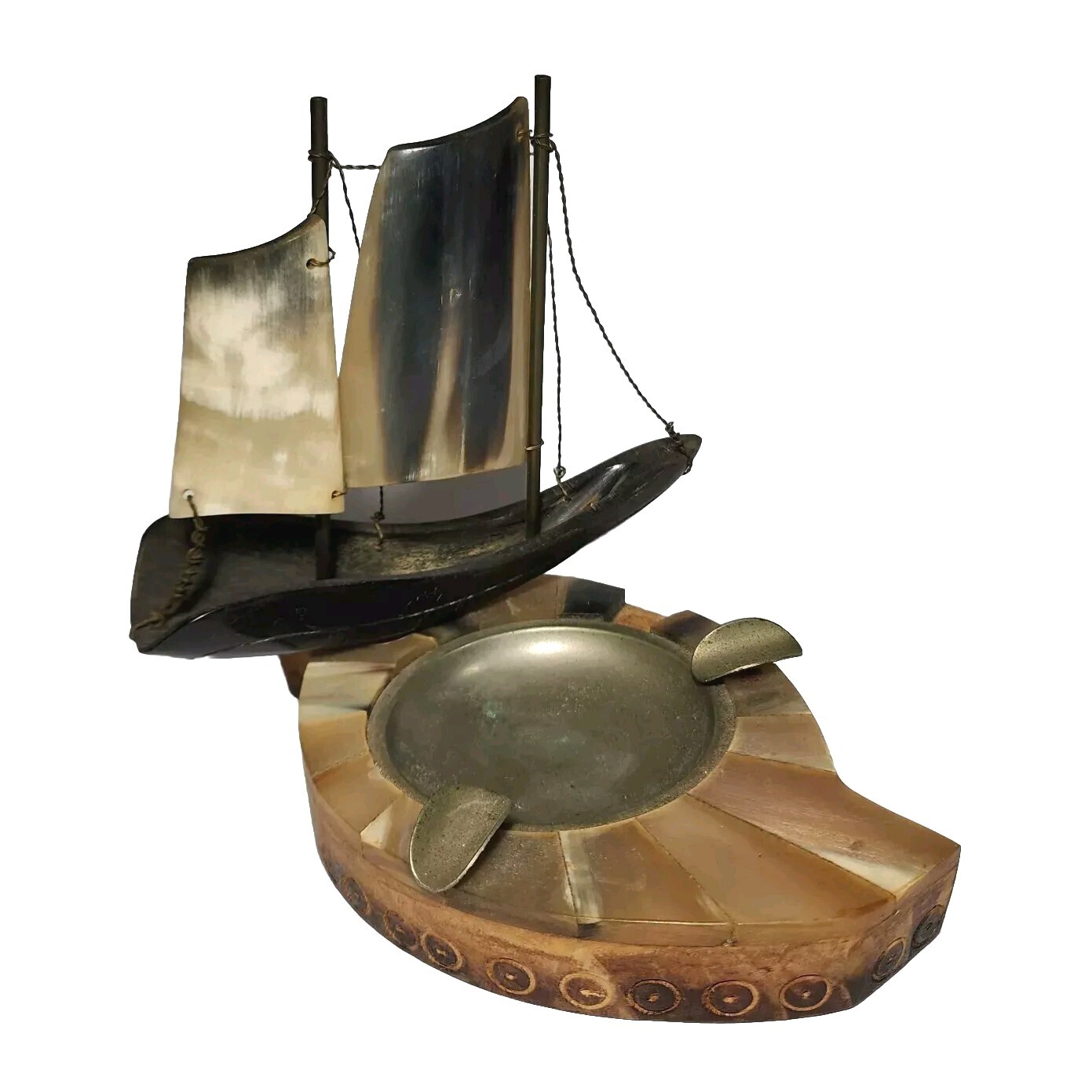 Vtg Carved Horn Sailing Clipper Ship Ashtray Nautical Pirate Scooner Boat Rare