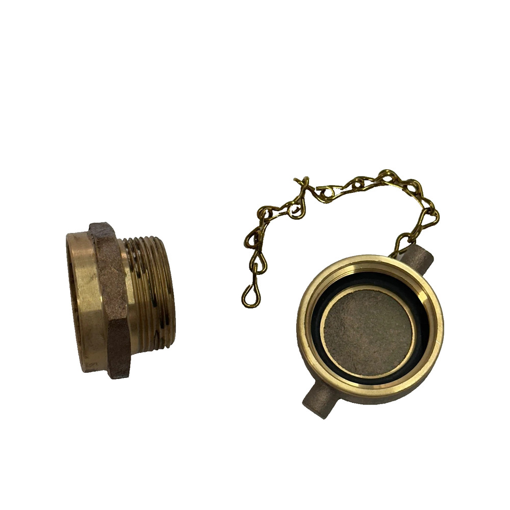 2.5" Brass FDC Set - Fire Hydrant Cap with Chain & Hex Nut Adapter Fitting - New