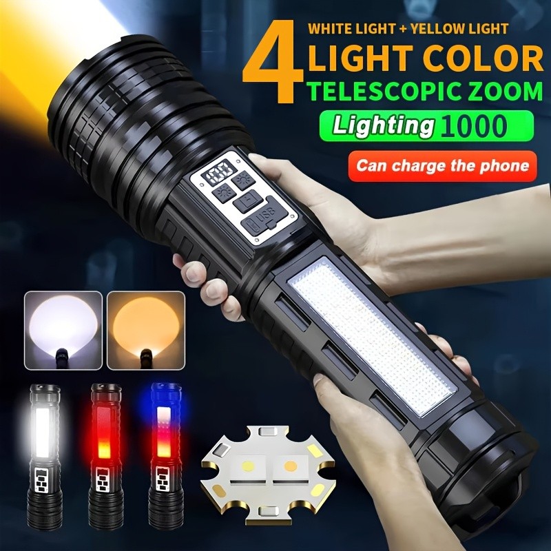 LED Flashlight Strong Light Rechargeable Torch Super Bright with COB Side Lights