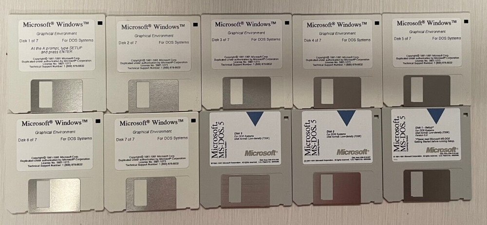 10 Microsoft Windows Graphical Environment & MS-DOS 5 Setup Discs & Case 1991