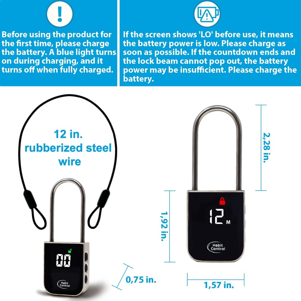 Habit Control Time Lock, Timed Locker Padlock, Pad Lock with Timer & Steel Cable