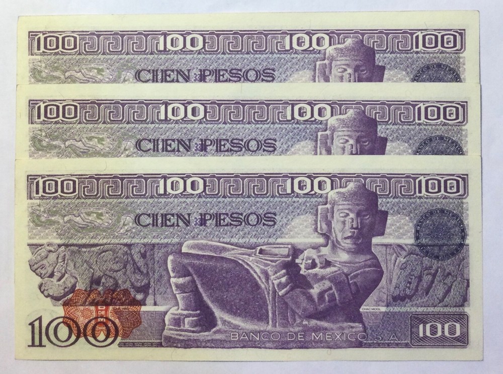 1981 $100 PESOS 3 NOTES UNCIRCULATED SERIAL NUMBERS IN SEQUENCE