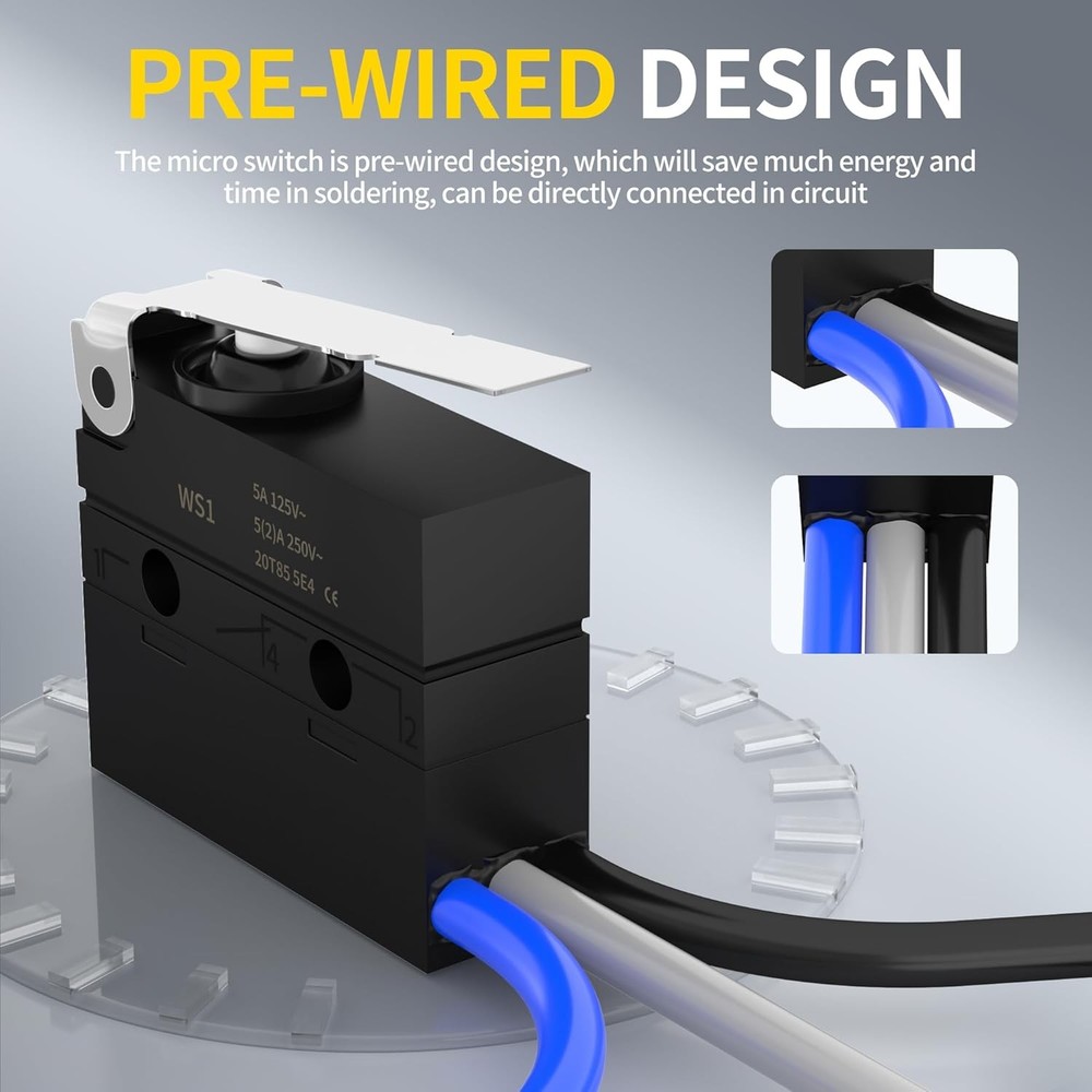 2-Pack Waterproof Micro Limit Switch SPDT 6A 12V DC / 5A 250V Pre-Wired