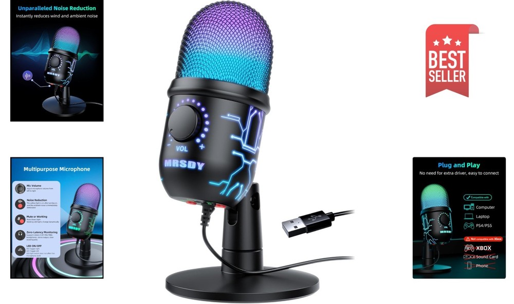Professional USB Gaming Microphone with Volume Control & RGB Lighting Effects