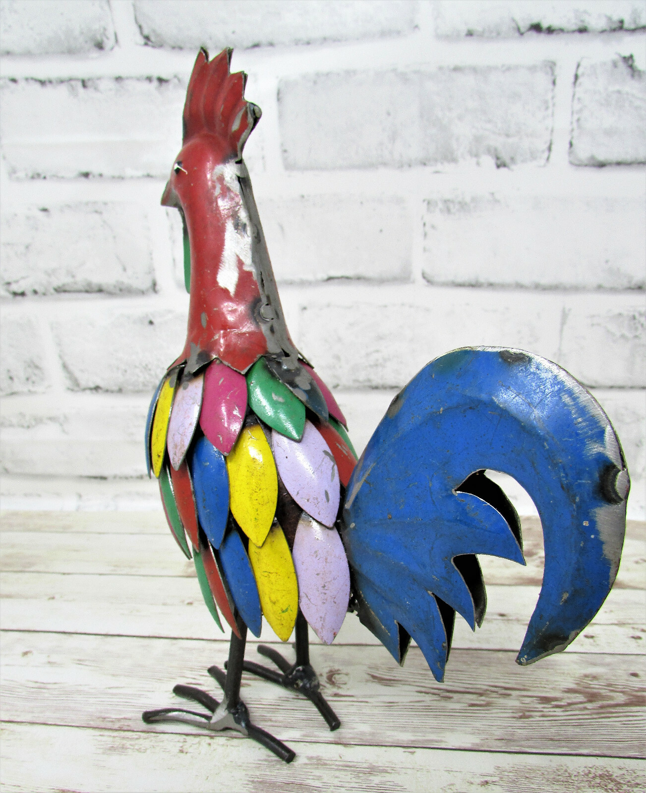 Rustic Small 9 Inch Tall Repurposed Scrap Metal Rooster Chicken Statue Home Farm