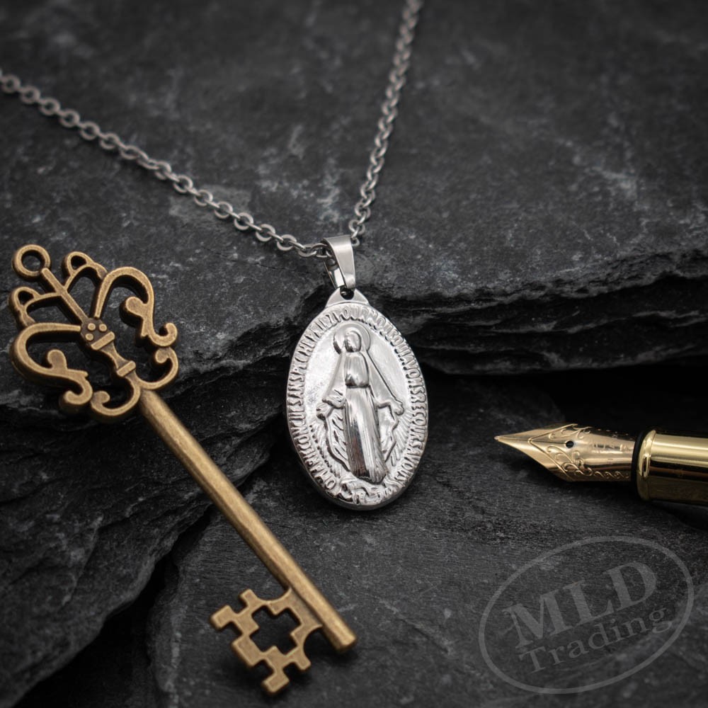 Miraculous Medal Necklace – Stainless Steel Virgin Mary Pendant – 18”+2” Chain