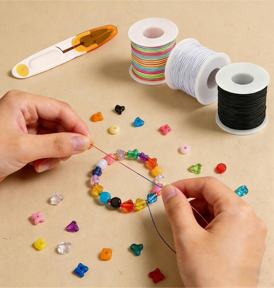 Stretchy Bracelet String Kit, 5 Rolls 1mm Elastic White, Black, Rainbow