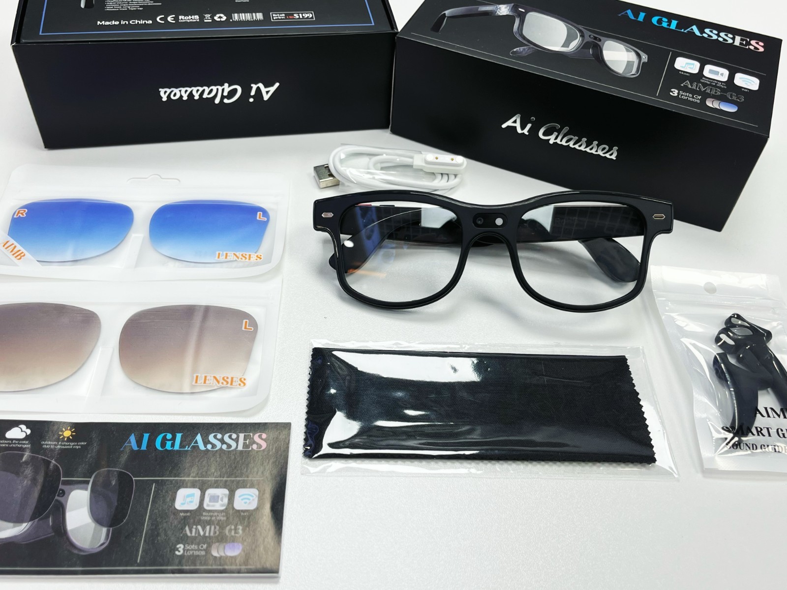 AI Smart Glasses with Interchangeable Lenses HD Camera Bluetooth for iOS Android