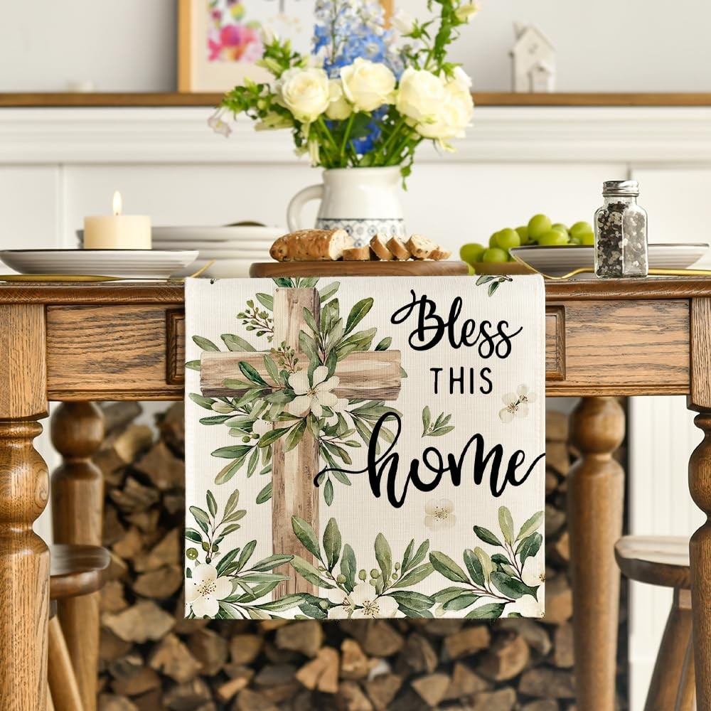 Cross Olive Leaves Spring Table Runner,Seasonal Summer Easter Kitchen Dining Tab