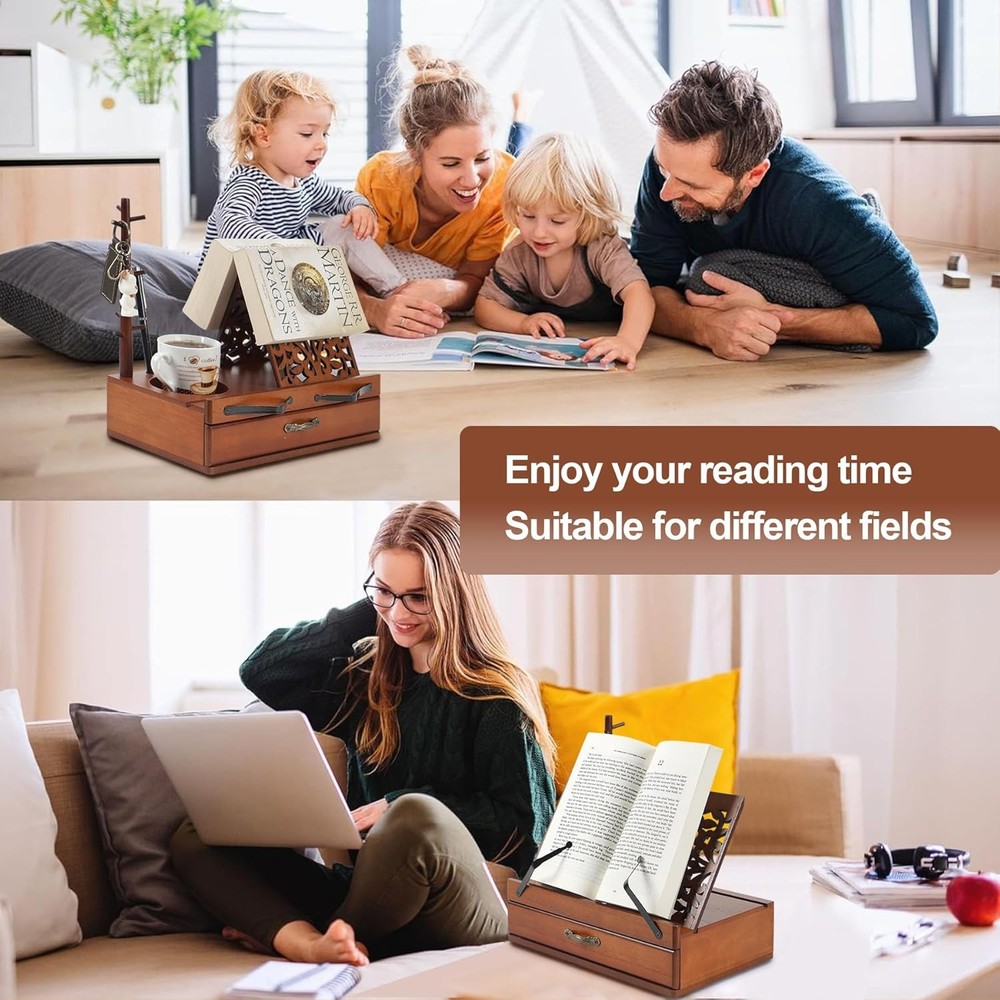 Adjustable Wooden Book Stand with Storage - Multi-Function Hands Free Brown