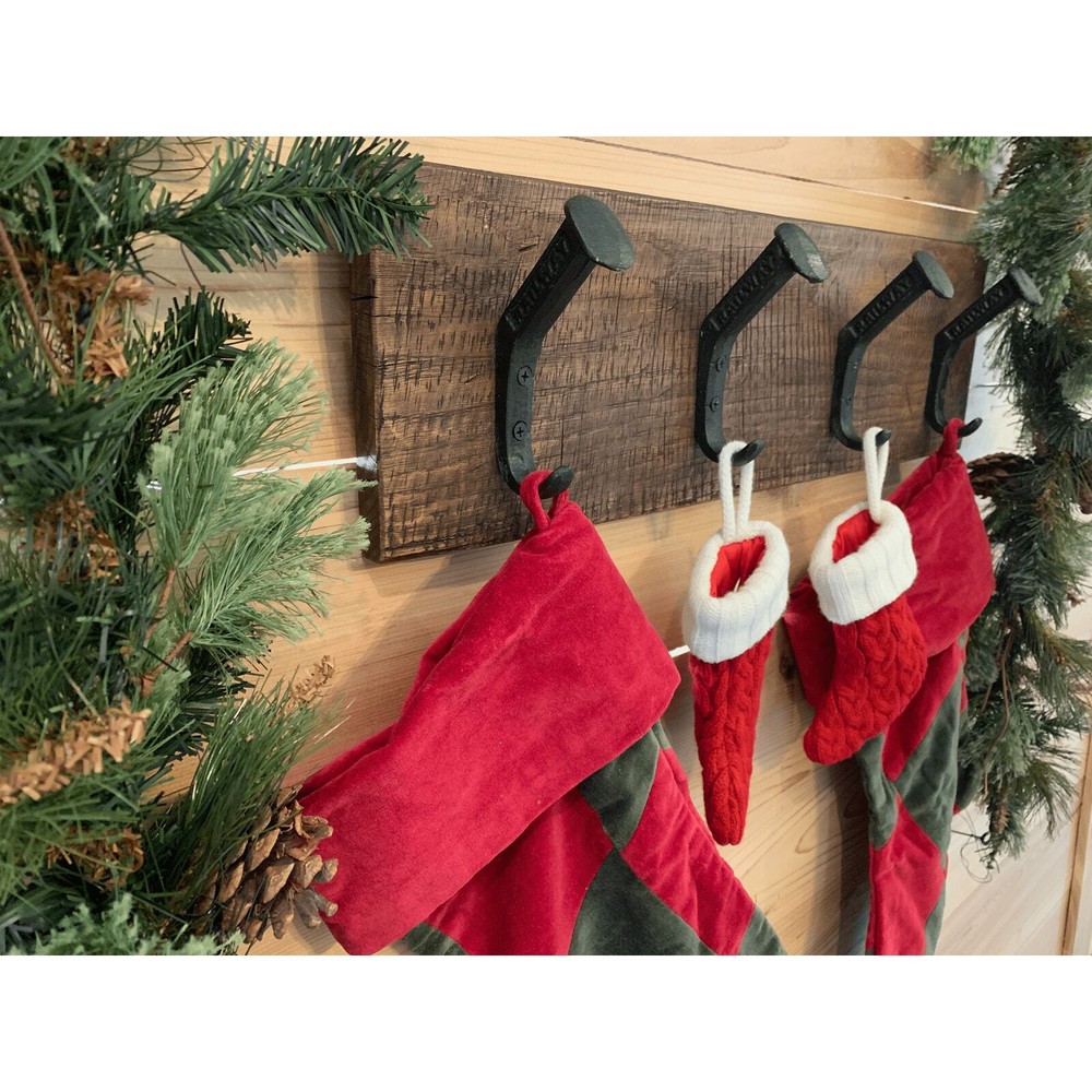 Rustic Farmhouse Christmas Stocking Wall Holder - 4 Hook - Dark Walnut