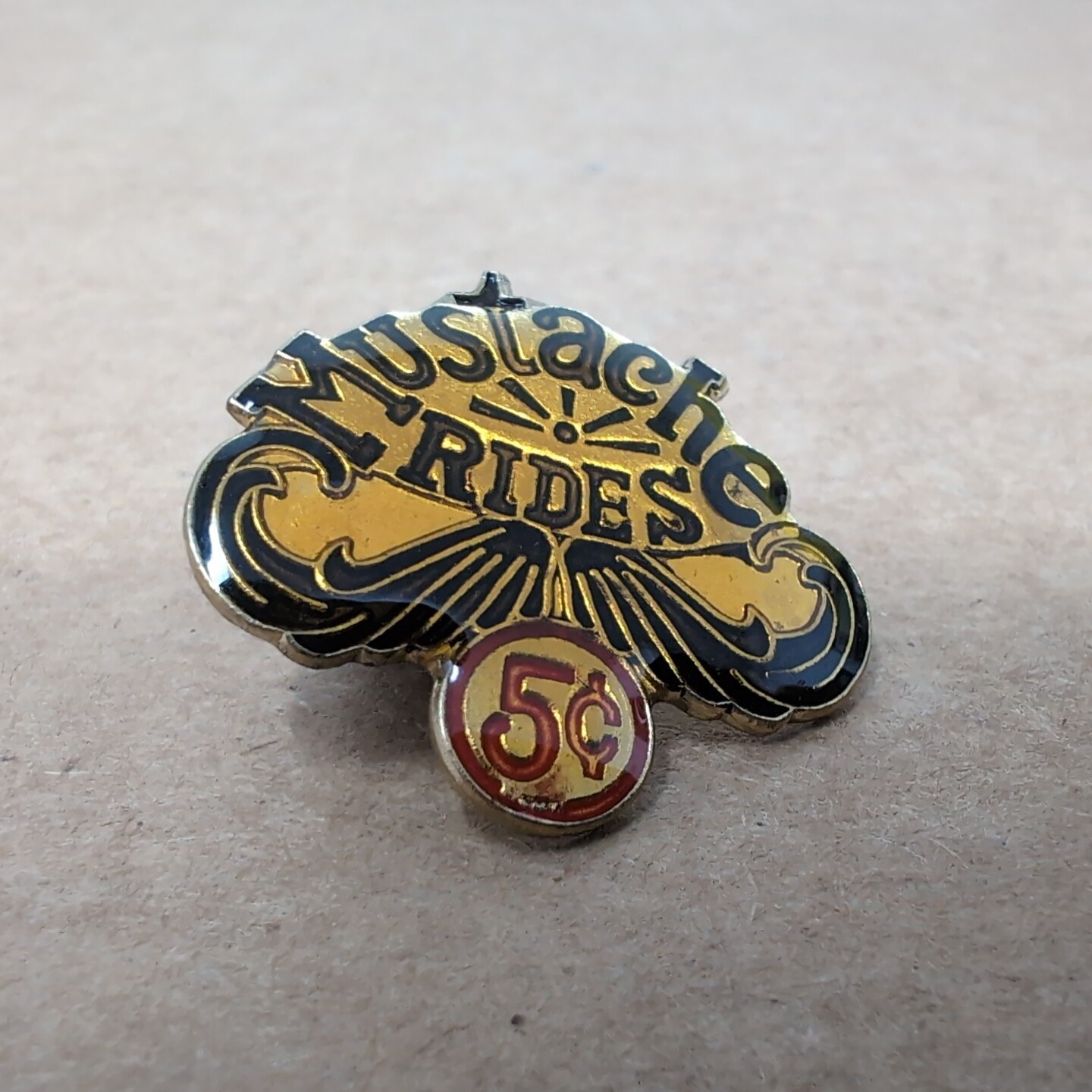 Vintage Moustache Rides Pin 5 Cents collectible biker vest hat novelty pinback