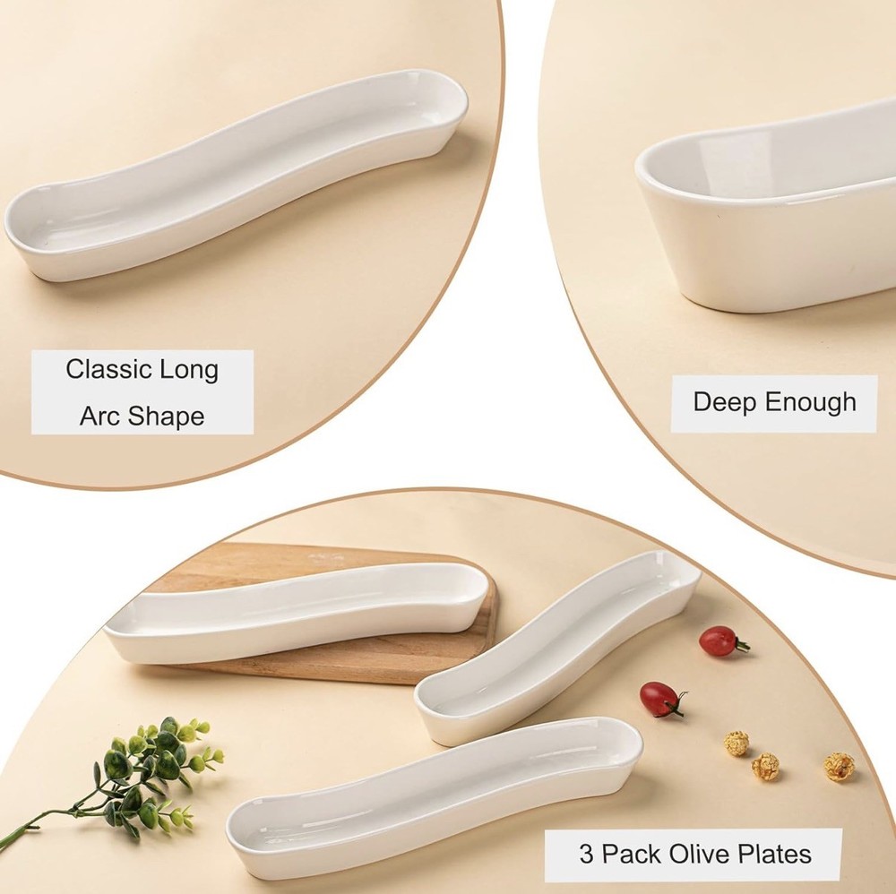 3-Pack Olive Plates-Versatile Ceramic Olive Tray for Snacks, Appetizers Platt...