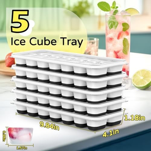 Ice Cube Tray 5 Pack, Stackable Silicone Ice Cube Trays with Lid– 5 pcs Black