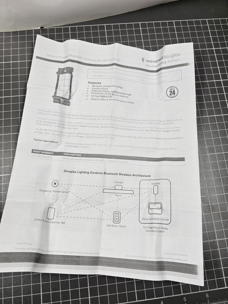 Universal Douglas BT-8BTSW-B-A Battery Powered Bluetooth Wireless Switch