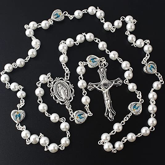 Catholic Town Glass Pearl Beads with Miraculous Epoxy Heart Metal Beads Rosary