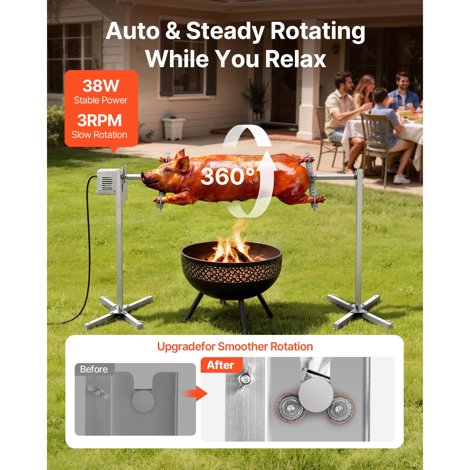 56" Electric BBQ Rotisserie Grill Kit 132lbs Adjustable 8-Level Height AC120V