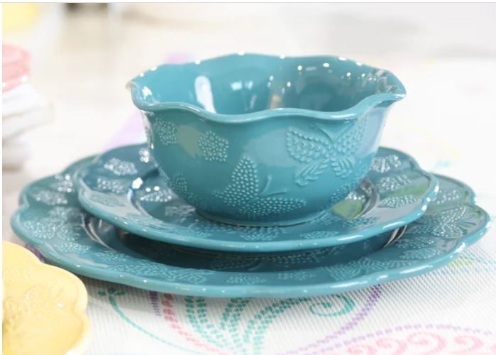 Temp-tations All A Flutter 12pc Dinnerware Set, Embossed, TEAL, P1 BT18