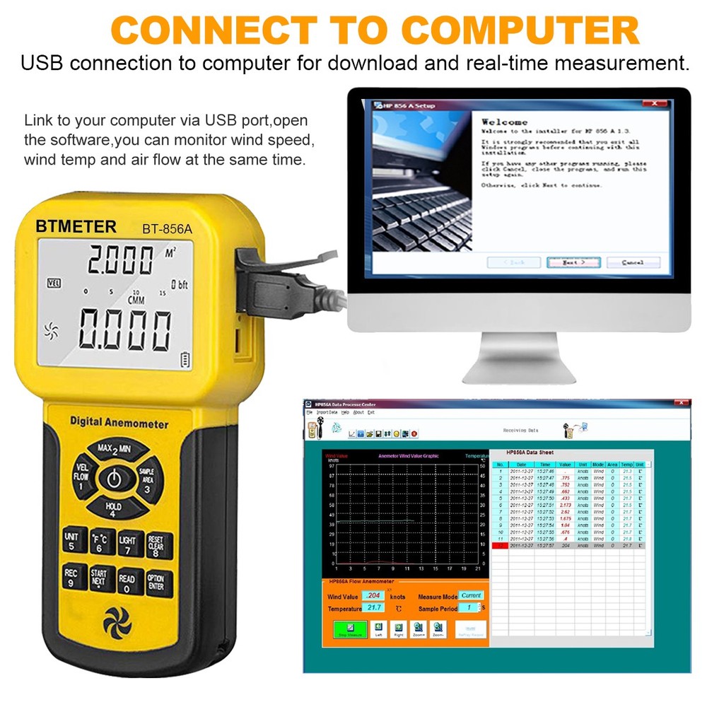 Digital Anemometer Wind Speed Air Flow Volume Meter Thermometer with USB Data CD