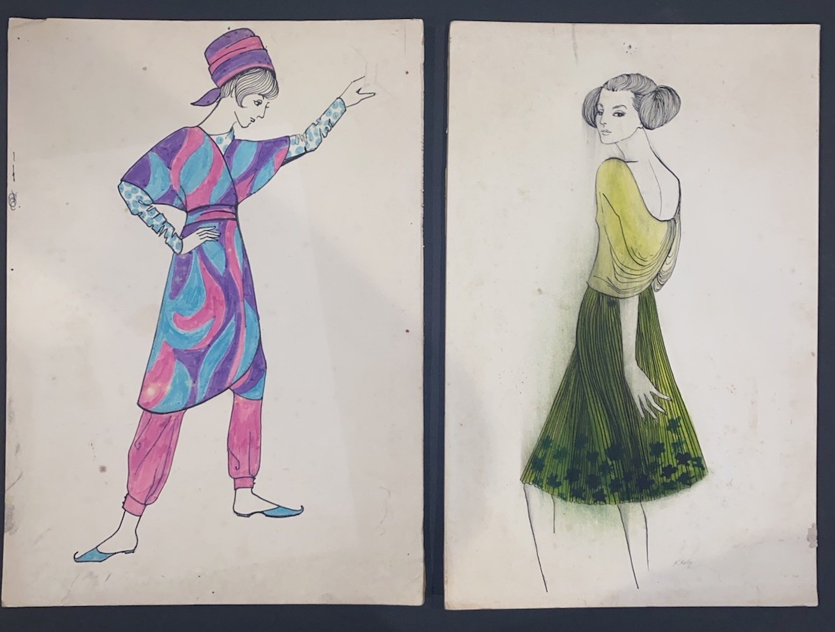 Mid-Century Fashion Illustration Pair c.1950s Original Costume Drawings