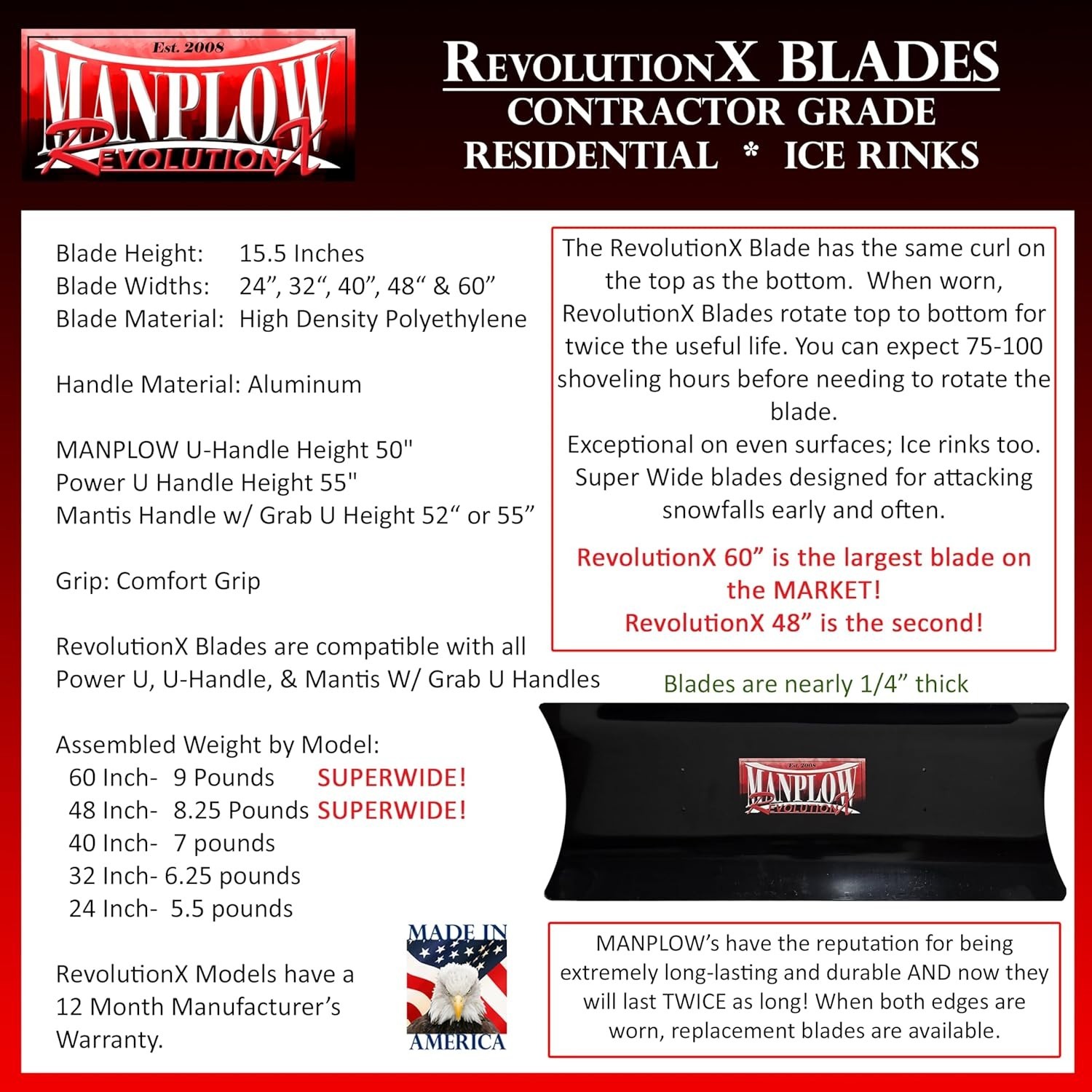 MANPLOW RevolutionX Snow Pusher with U Handle (48 Inch). NEW/SALE/FREESHIP