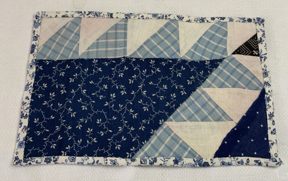 Vintage Antique Patchwork Quilt Table Topper, Triangles, Navy, Calico Prints