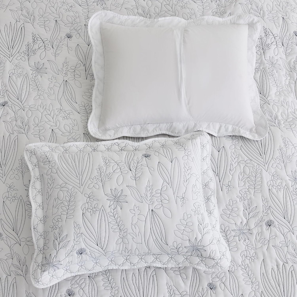 Botanical Oversized Bedspread King Size - Leaves Pattern Stitching Quilt Set - E